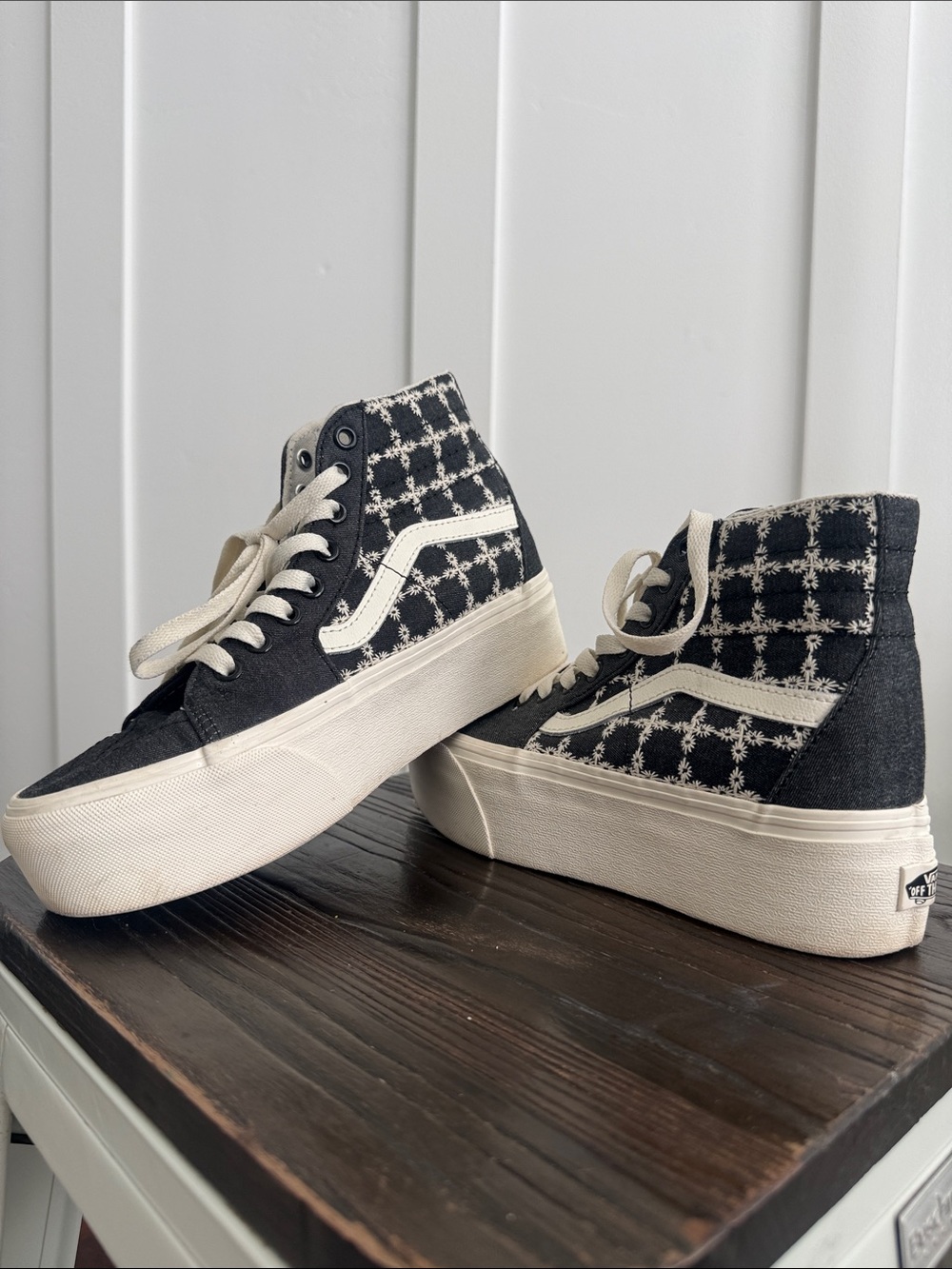 Vans Black & Cream High-Top Platform Sneakers with Geometric Stitching
